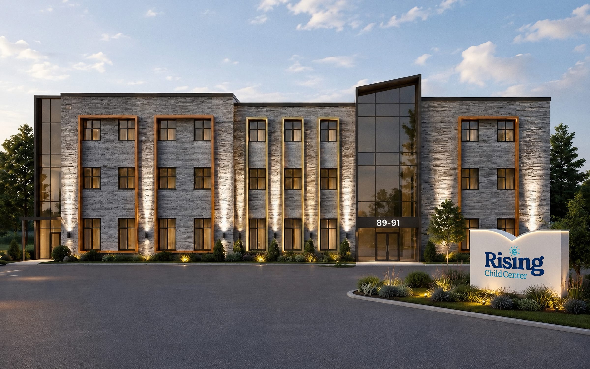 Rendering of the new Rising Child center in Suffern at dusk
