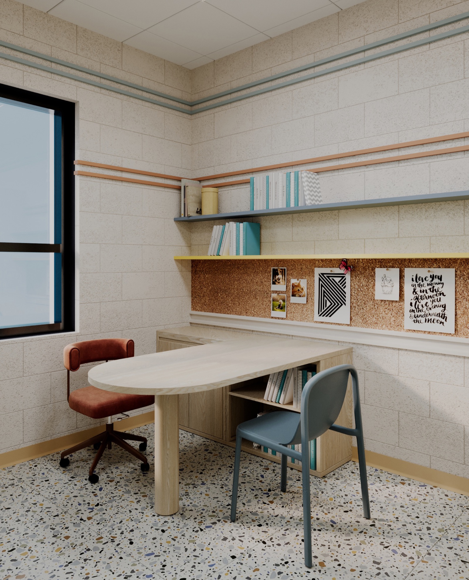 A tutor room with a small table and shelves